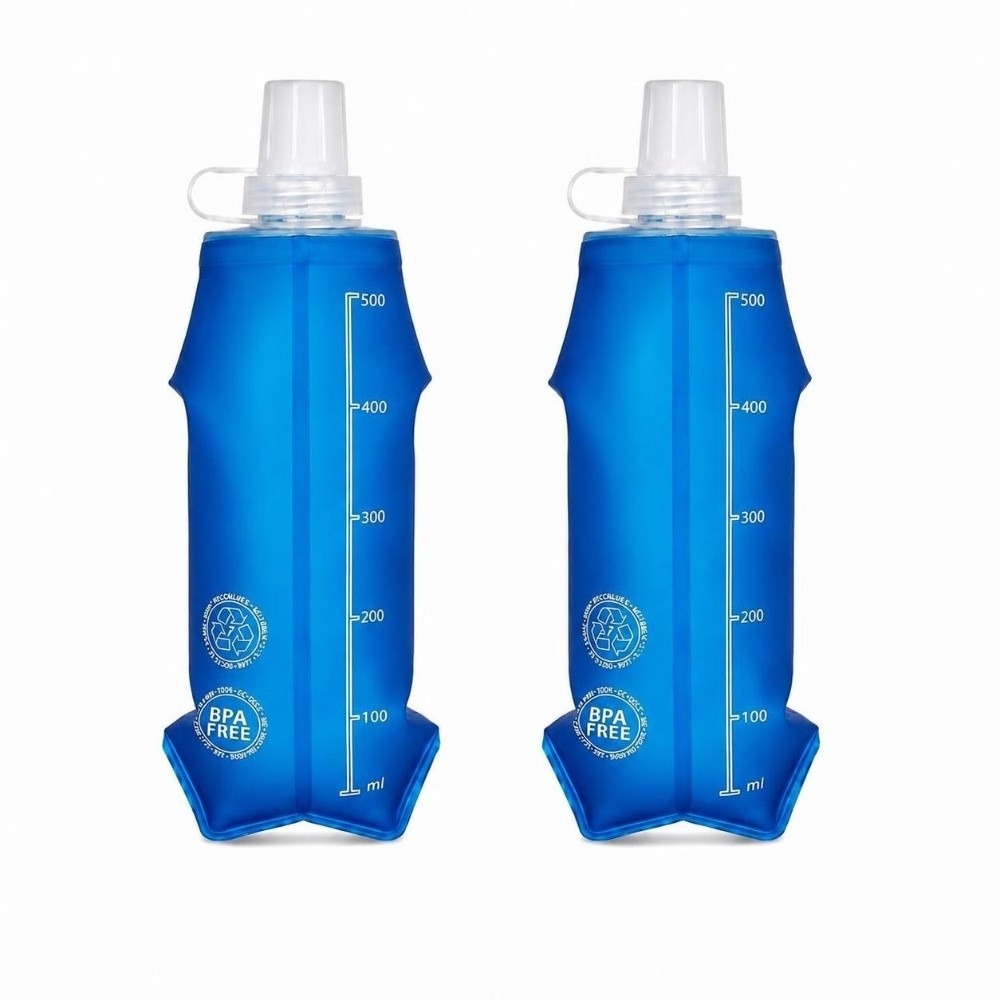 Water Bag Collapsible - 2本セット、持ち運びやすいTPU製折りたたみ式ソフトボトル、500ml、漏れ防止、水分補給用バッグ、軽量、サイクリング用。